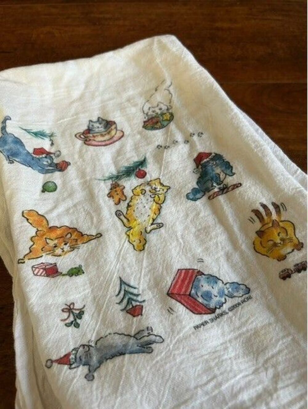 White Kitchen Towel with Cute Cat Christmas Print